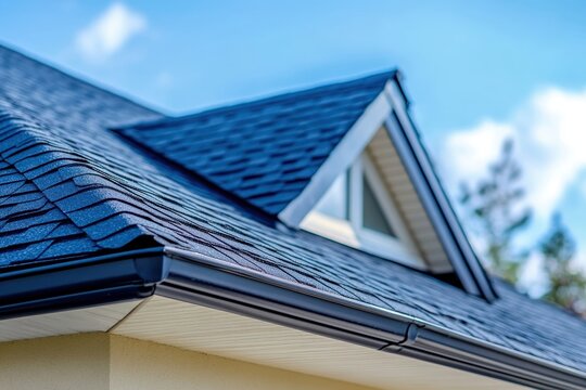 Dark blue asphalt shingle roof with gutter. Ideal for real estate, construction, or home improvement websites.