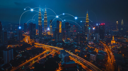 Fototapeta premium smart, digital, city, connection, network, innovation, reciprocity, cityscape, concept, Smart digital Innovation city with connection network reciprocity over the cityscape. of future smart wireless c