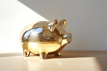 A shiny golden piggy bank sitting on a wooden surface, symbolizing savings and finance.