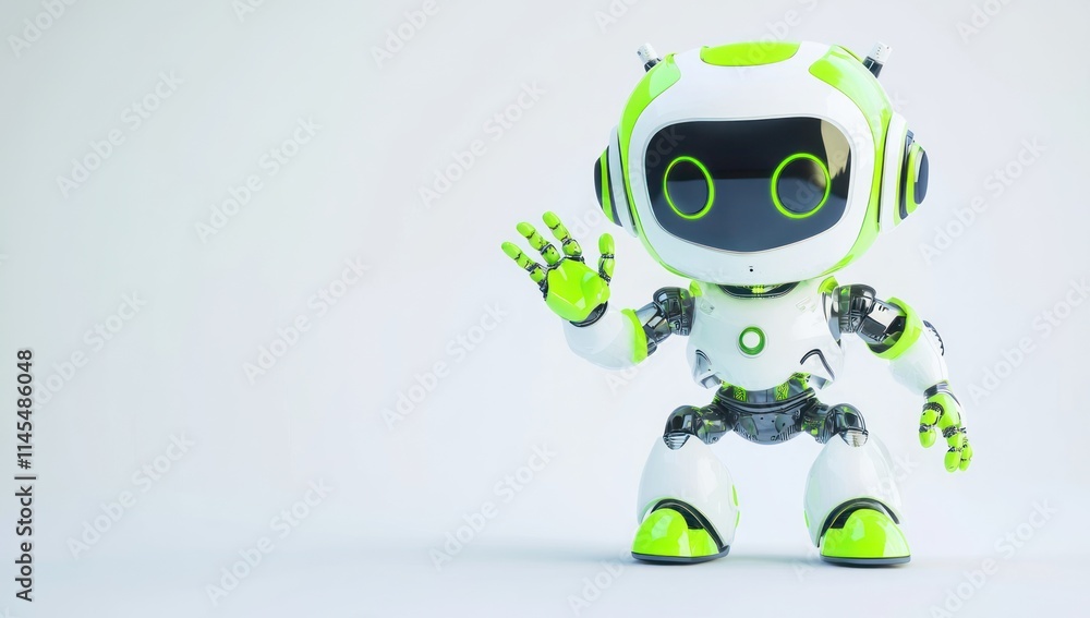Poster a cute, futuristic robot with a friendly wave, designed for interaction and engagement.