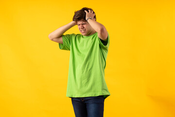 Young person expressing various emotions and body pains, pointing, using a cellphone, with colored...