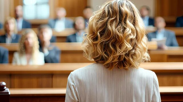  Female attorney addressing the courtroom with seated jury in the background. 