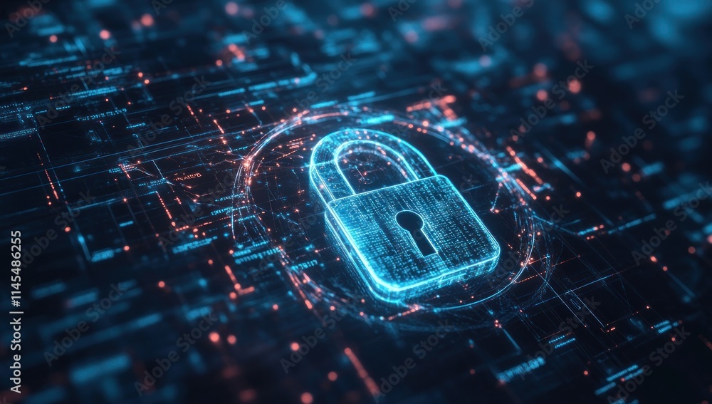 Poster digital padlock symbolizing cybersecurity and data protection in a futuristic design.