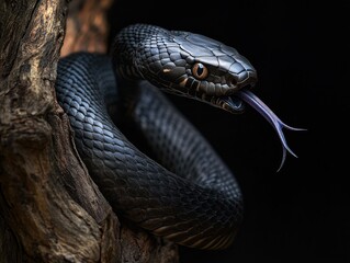 Fototapeta premium A close-up of a black snake with a forked tongue, coiled on a textured surface.