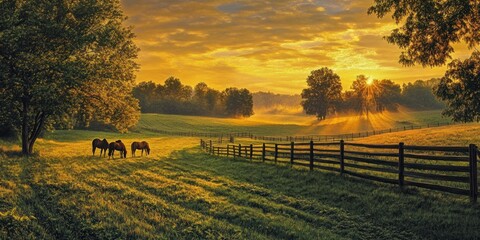Fototapeta premium A serene landscape at sunrise with horses grazing in a lush field and a wooden fence.