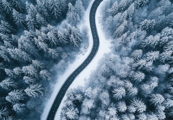 Aerial View of a Winding Road Through a Frosty Forest Surrounded by Pine Trees Blanketed in Fresh Snow in a Winter Wonderland