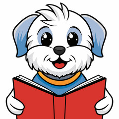 Maltese dog reading book on white background 