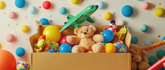 Obraz premium A colorful box filled with various toys, including a teddy bear and a wooden airplane.