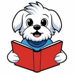 Maltese dog reading book on white background 