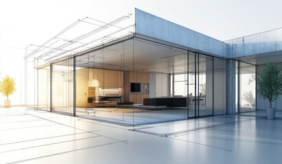 Modern architectural design showcasing a glass house with minimalistic elements.