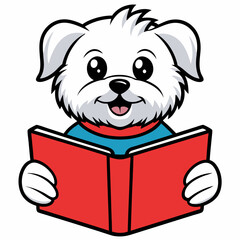 Maltese dog reading book on white background 
