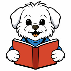 Maltese dog reading book on white background 
