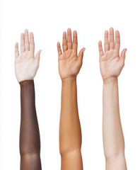 Obraz premium Three Women's Hands Raised with Natural Nails, Different Skin Tones of White and Dark Brown, in High-Resolution Photo Showing Skin and Nail Details