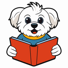 Maltese dog reading book on white background 