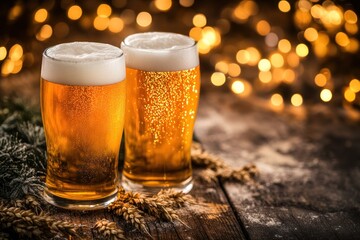 Two glasses of beer with a frothy head, set against a warm, festive background.