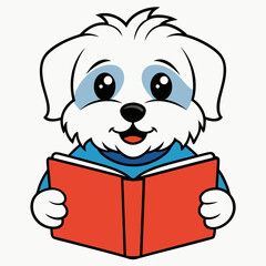 Maltese dog reading book on white background 