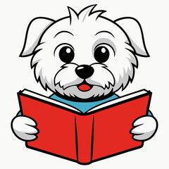 Maltese dog reading book on white background 