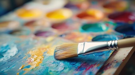 Fototapeta premium A close-up of a paintbrush on a colorful palette, highlighting an artistic process.