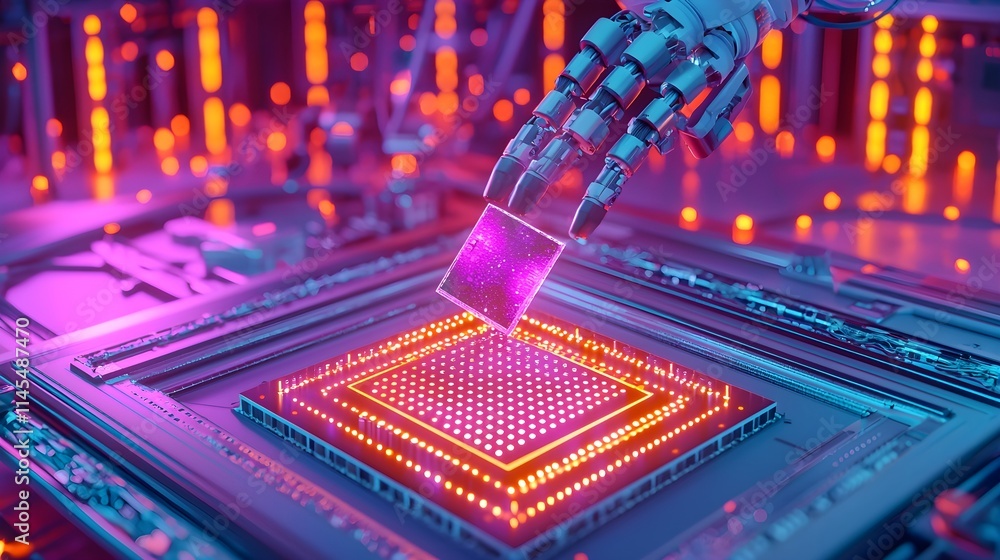 Poster ai robotic arm placing microchip - artificial intelligence