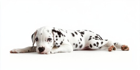 A playful Dalmatian puppy lying on a white background.