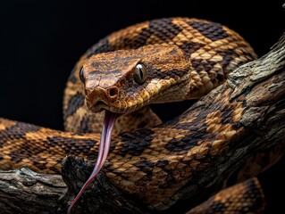 Fototapeta premium A close-up of a snake perched on a branch, showcasing its intricate scales and tongue.