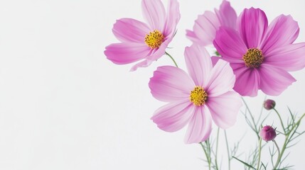 Fototapeta premium A bouquet of vibrant cosmos flowers in full bloom against a clean white backdrop, close-up shot, Minimalist style