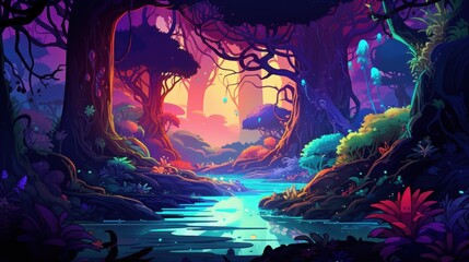 Vibrant Fantasy Forest Stream Scene With Glowing Flora