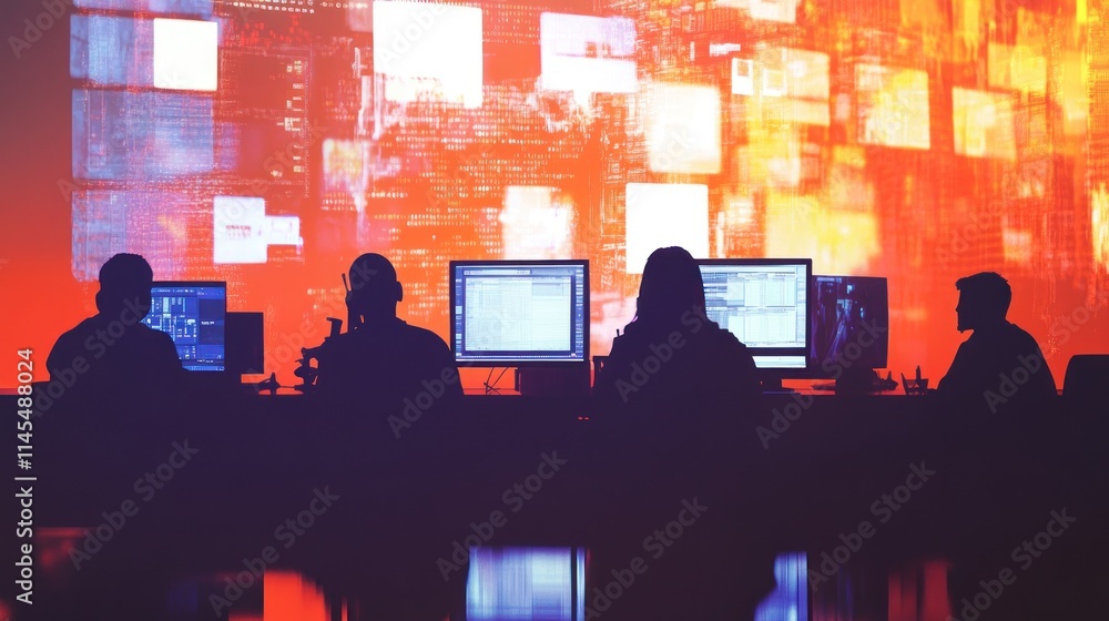 Poster silhouetted figures working on computers against a vibrant digital backdrop.