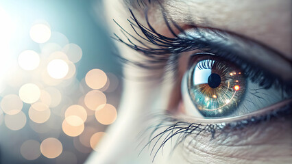 Fototapeta premium Close up of an eye with digital reflections and soft bokeh lights concept as A detailed close up of an eye reflecting digital elements and soft bokeh lights symbolizing vision and insight into the wor