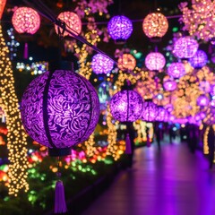 Illuminated Pathway of Purple Lanterns and Festive Lights
