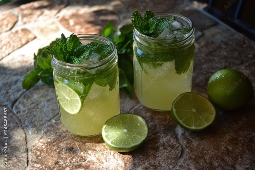 Poster refreshing drinks with mint and lime served in jars on a stone surface.