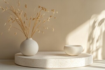 A minimalist arrangement featuring a vase with dried flowers and a small bowl on a round platform.