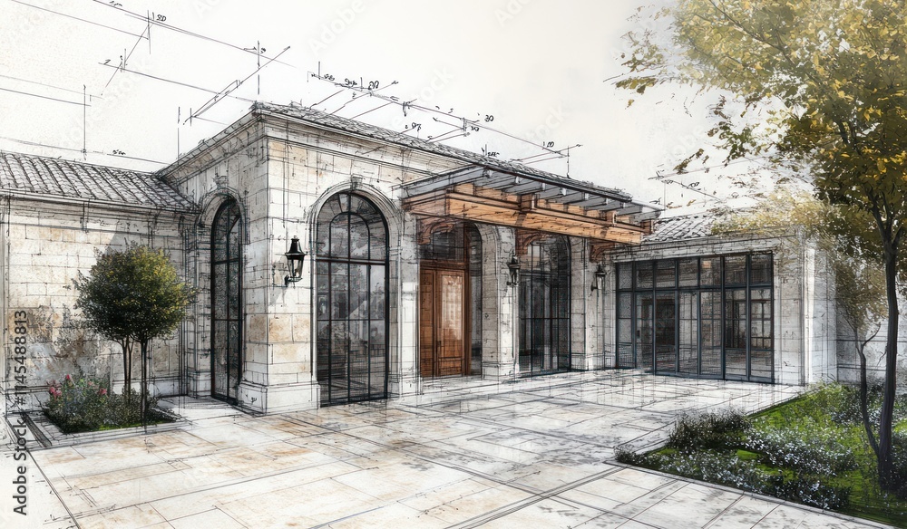 Poster architectural rendering of a modern building with stone and glass elements.