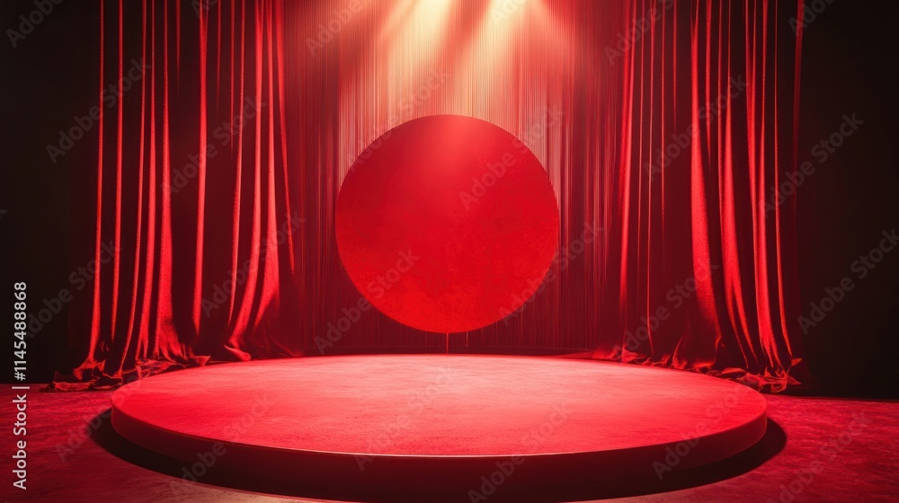 Poster a minimalist stage setup with red curtains and a large circular backdrop.