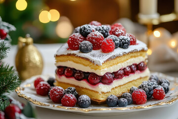 A festive Napoleon cake layered with custard, topped with fresh berries, and dusted with powdered sugar,