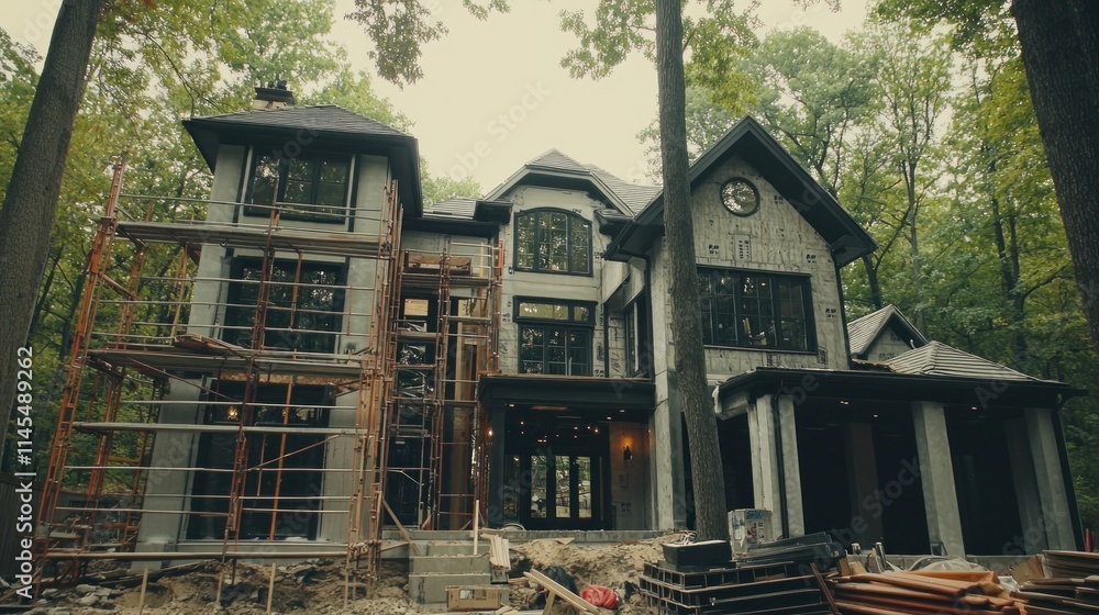 Poster a partially constructed modern house surrounded by trees and scaffolding.
