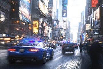 A bustling city scene with a police car and pedestrians in a vibrant urban environment.