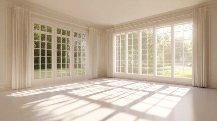 Obraz premium A bright, spacious room with large windows and soft sunlight casting shadows on the floor.