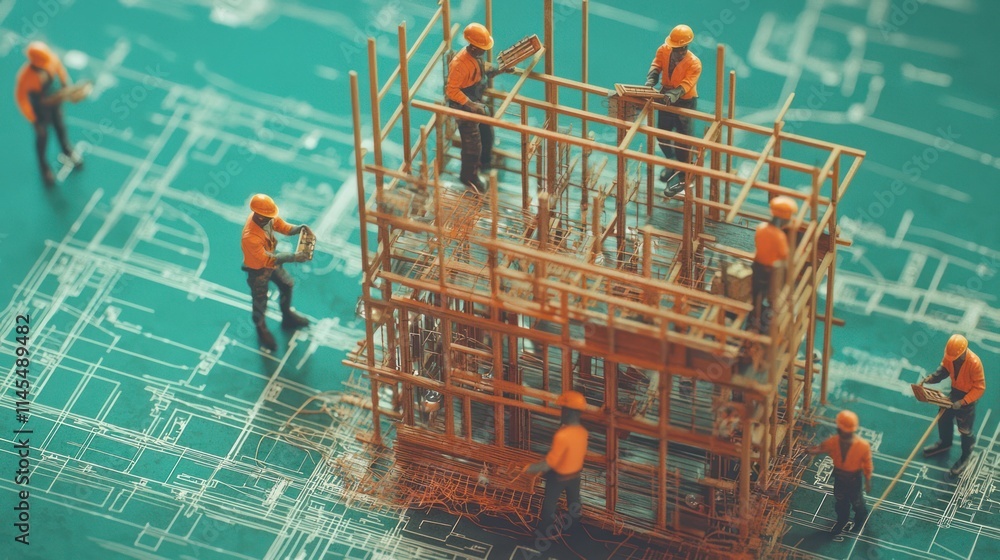 Poster a miniature construction scene with workers building a structure over blueprints.