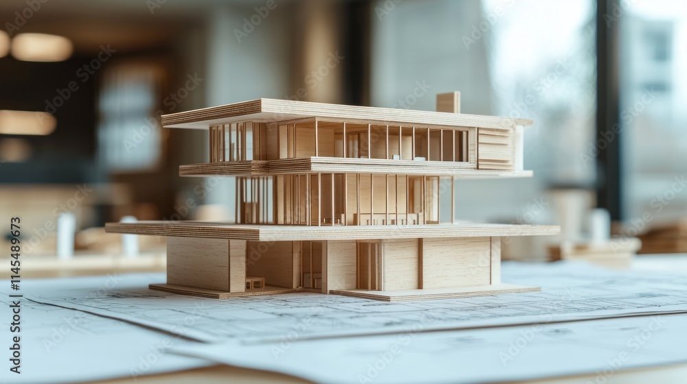 Poster a detailed architectural model showcasing a modern design with multiple levels and glass elements.