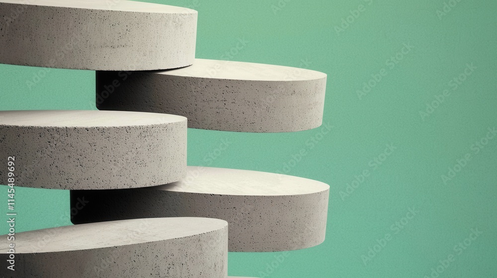 Poster abstract composition of floating circular platforms on solid background