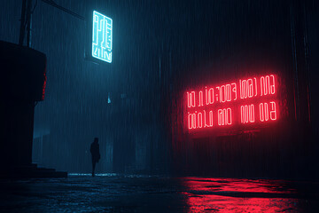 Glowing neon signs reflect off rain-slick streets while people bustle through the vibrant night