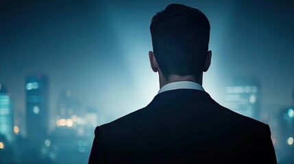 Businessman silhouettes idea. A businessman gazes at a city skyline, reflecting on opportunities and challenges ahead.
