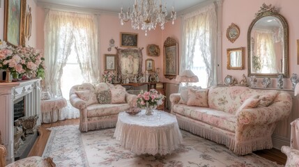 A vintage living room with floral decor, elegant furnishings, and a cozy atmosphere.