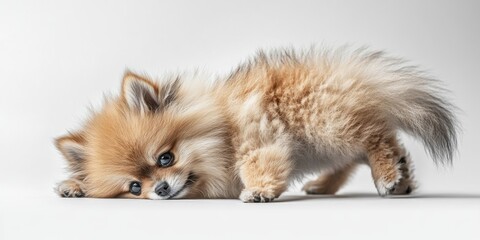 Obraz premium A playful Pomeranian dog lying down, showcasing its fluffy fur and expressive eyes.