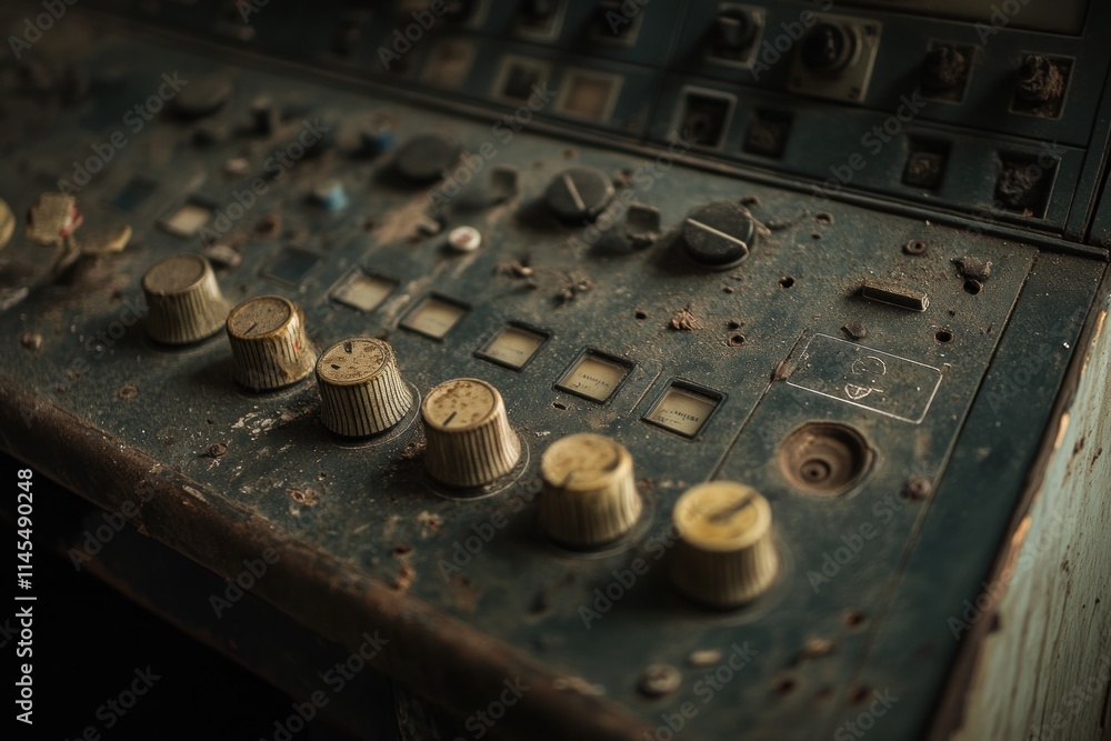 Poster a close-up of a weathered control panel with various knobs and buttons, suggesting industrial use.