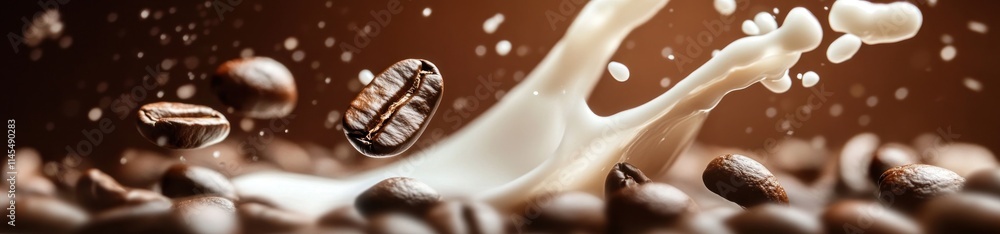 Poster coffee beans splashing with milk, creating a dynamic and inviting beverage scene.