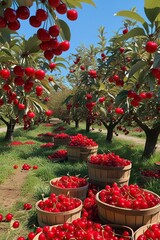 A vibrant cherry orchard during harvest season, with trees full of ripe, bright red cherries hanging from their branches