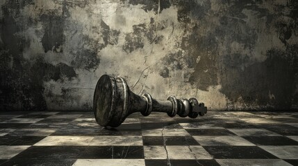 A large, toppled chess king piece lies on a checkered floor against a textured wall.