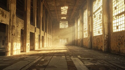 An abandoned industrial space illuminated by sunlight, showcasing decay and nostalgia.